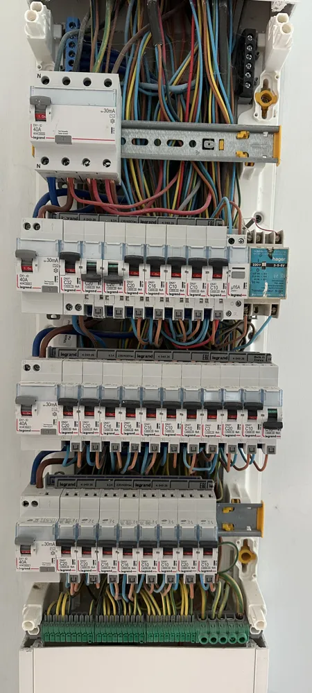 Tableau électrique Legrand de trois rangées en cours de câblage