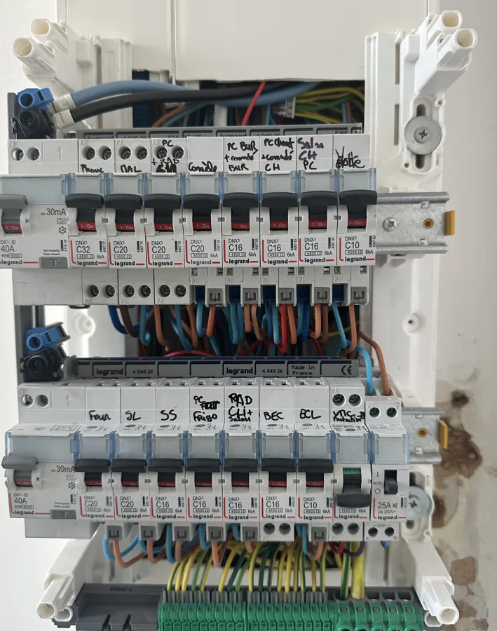 Tableau électrique Legrand neuf, deux rangées, circuits repérés au feutre