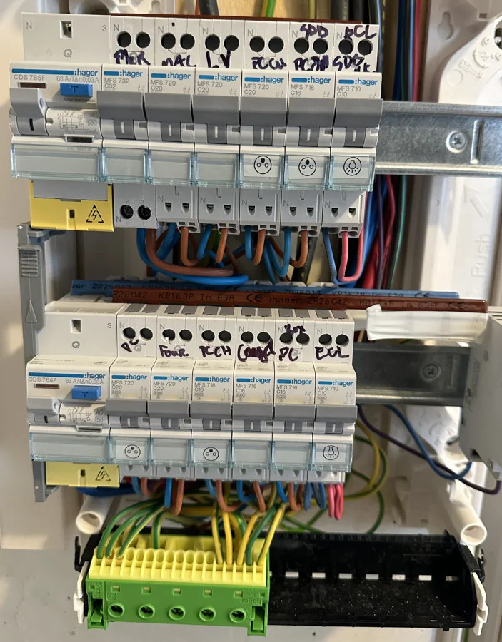 Tableau électrique Hager en cours de câblage, circuits repérés au feutre